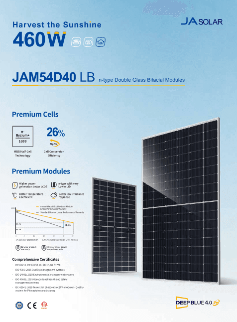 Pannelli Solari - JA Solar DeepBlue 4.0 N-Type Bifacciale Doppio Vetro 460W